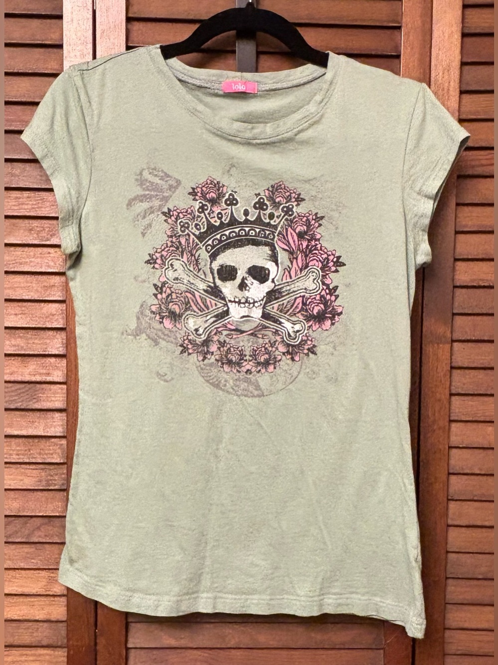 Vintage Y2K lola Sage-Green Tee with Pink Floral Skull Graphic